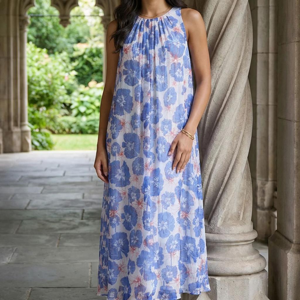 Blue Floral Printed Sleeveless Chiffon A-line Dress