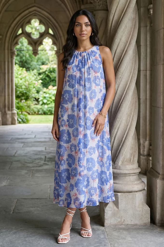 Blue Floral Printed Sleeveless Chiffon A-line Dress — XS
