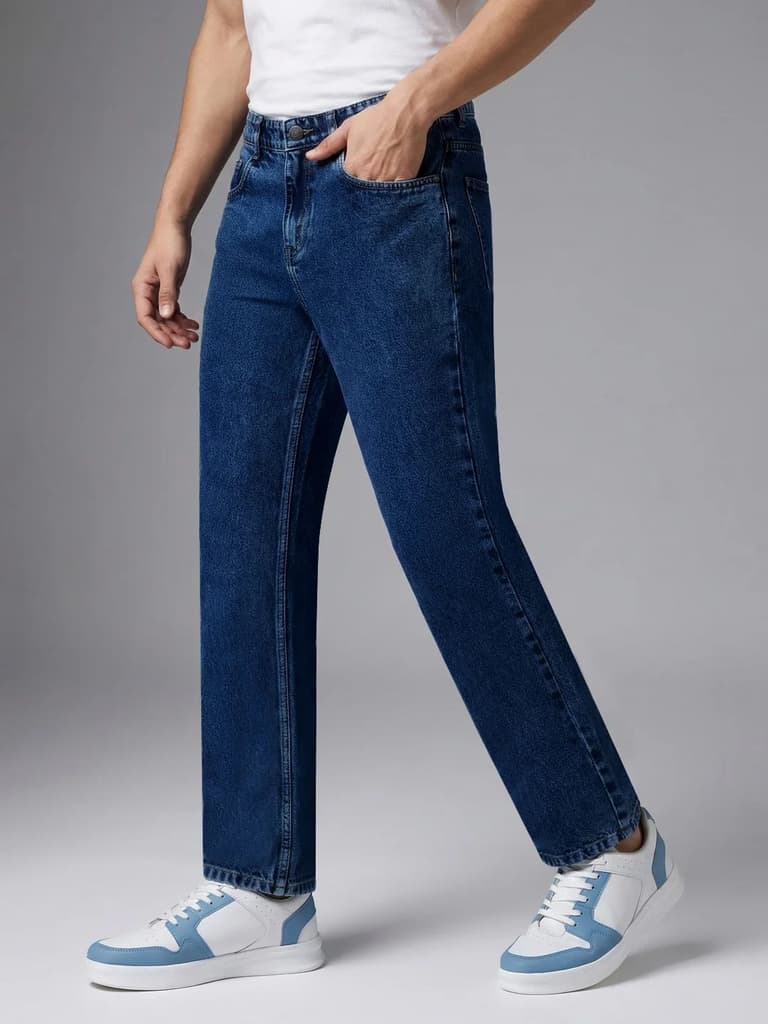 Men's Dark Blue Relaxed Fit Washed Denim Jeans Non-Stretchable — photo 2
