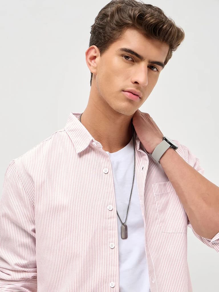 Men's Light Pink Cotton Full Sleeve Regular Fit Casual Striped Shirt — photo 6