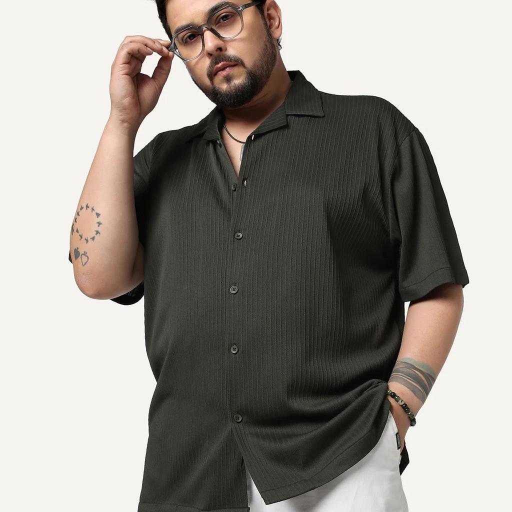 Plus Men's Dark Grey Cotton Half Sleeve Oversized Fit Textured Shirt with Cuban Collar