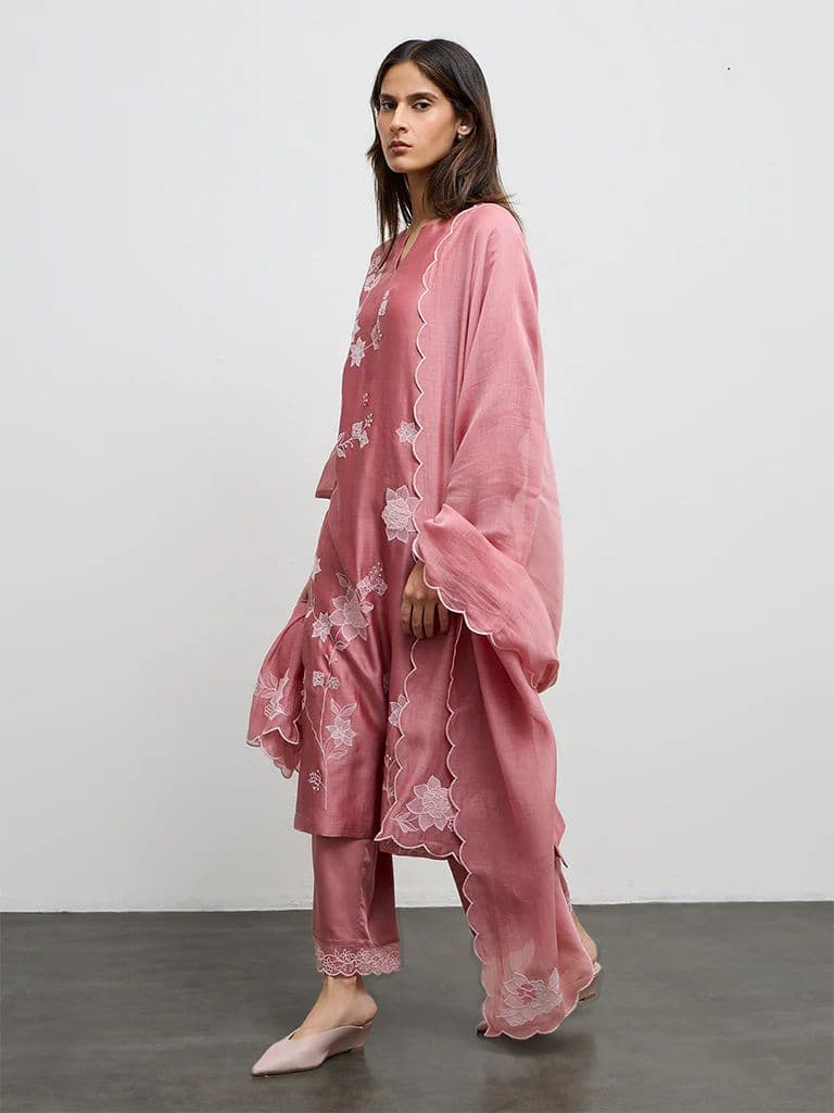 Zuba Dusty Pink Floral Embroidered Pants — photo 2