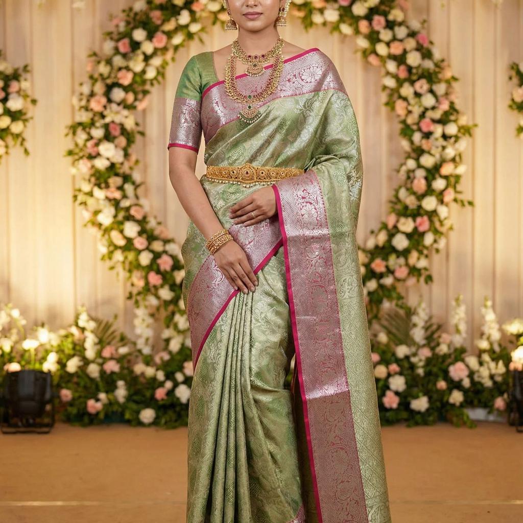 MIMOSA Women's Woven Design Kanjivaram Style Art Silk Saree with Blouse Piece - Green (SA00002476GRNFREE)