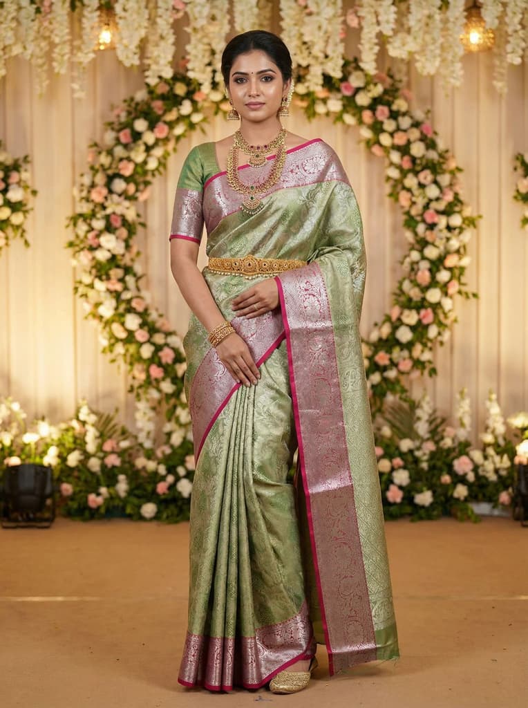 MIMOSA Women's Woven Design Kanjivaram Style Art Silk Saree with Blouse Piece - Green (SA00002476GRNFREE) — Default Title