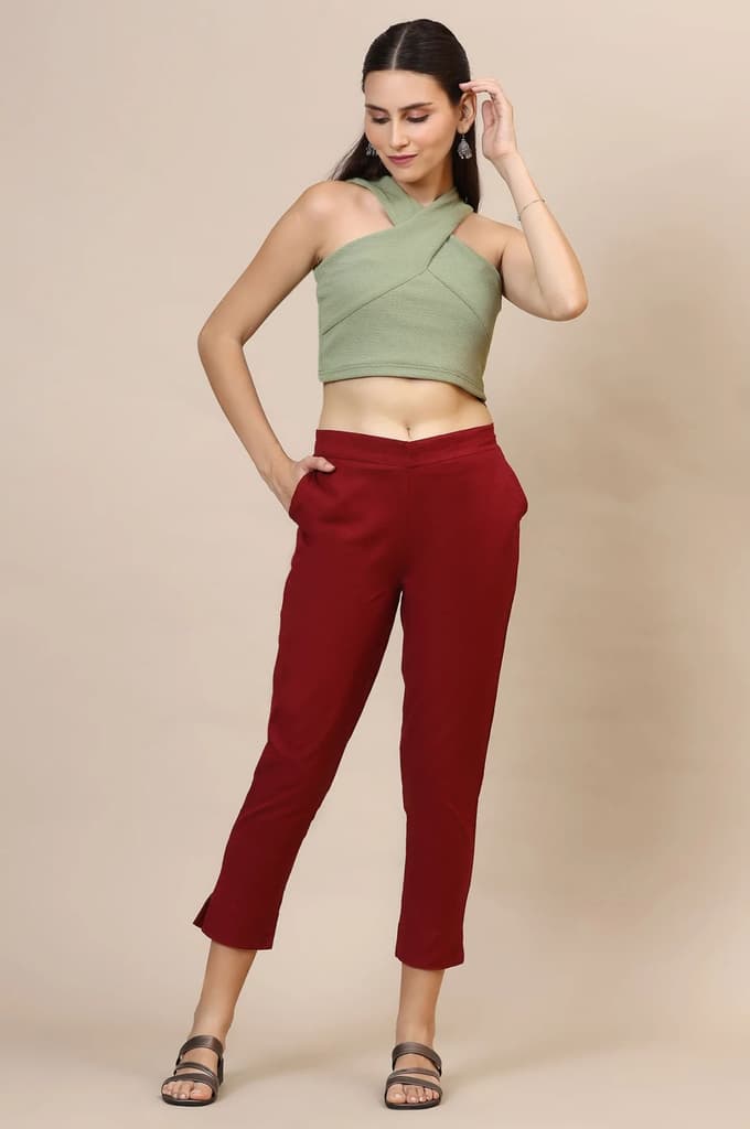 Elleven Women's Maroon Solid Straight Fit Cotton Trousers With Elasticated Waist — XS