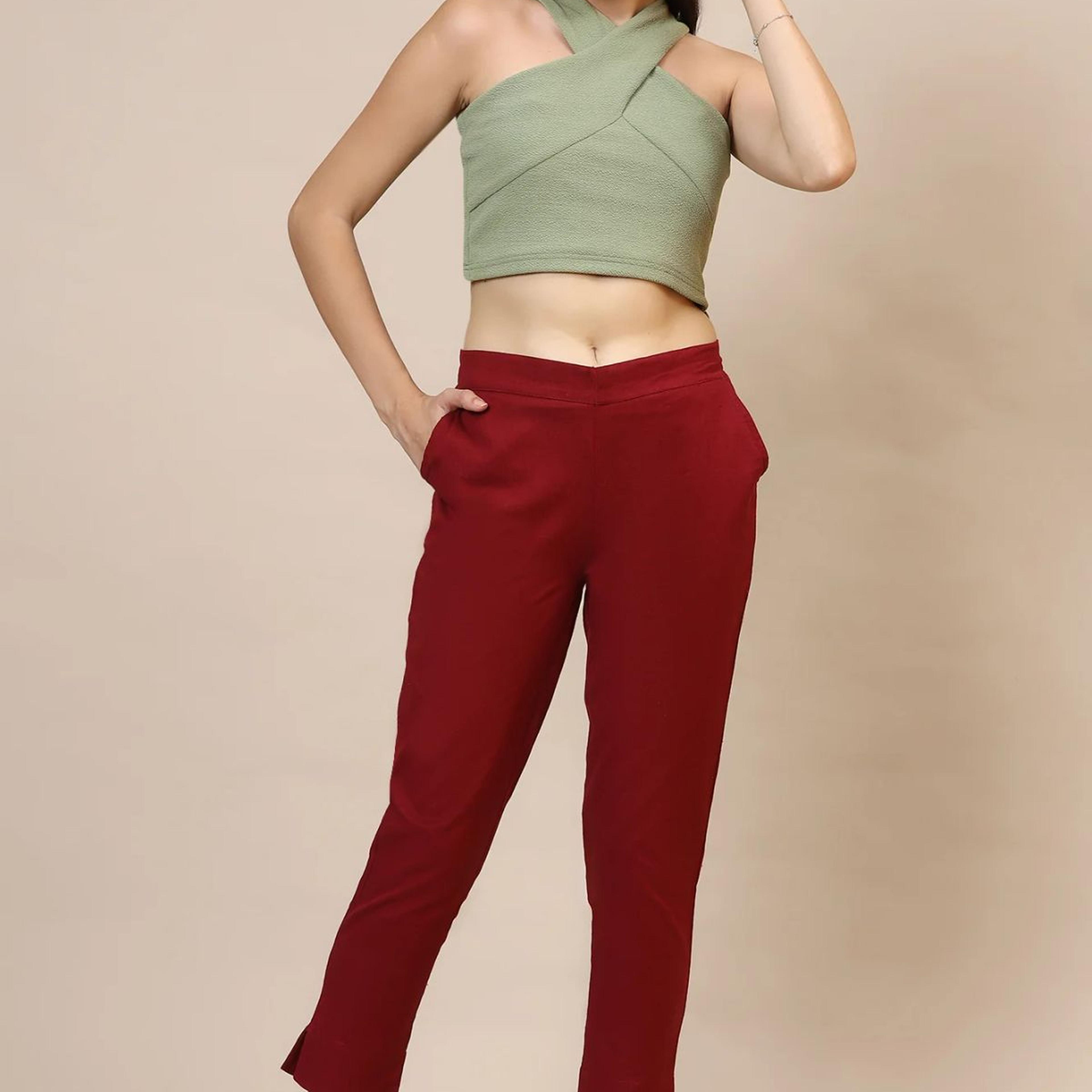 Elleven Women's Maroon Solid Straight Fit Cotton Trousers With Elasticated Waist