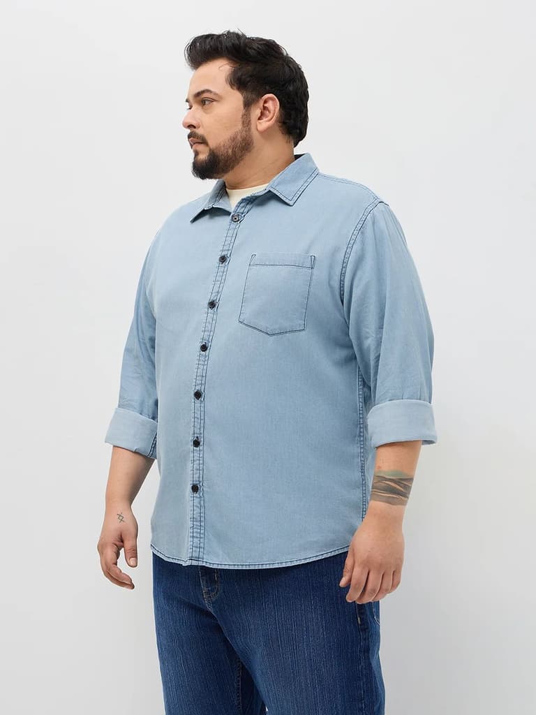 Plus Men's Ice Blue Regular Fit Full Sleeve Solid Denim Shirt — photo 2