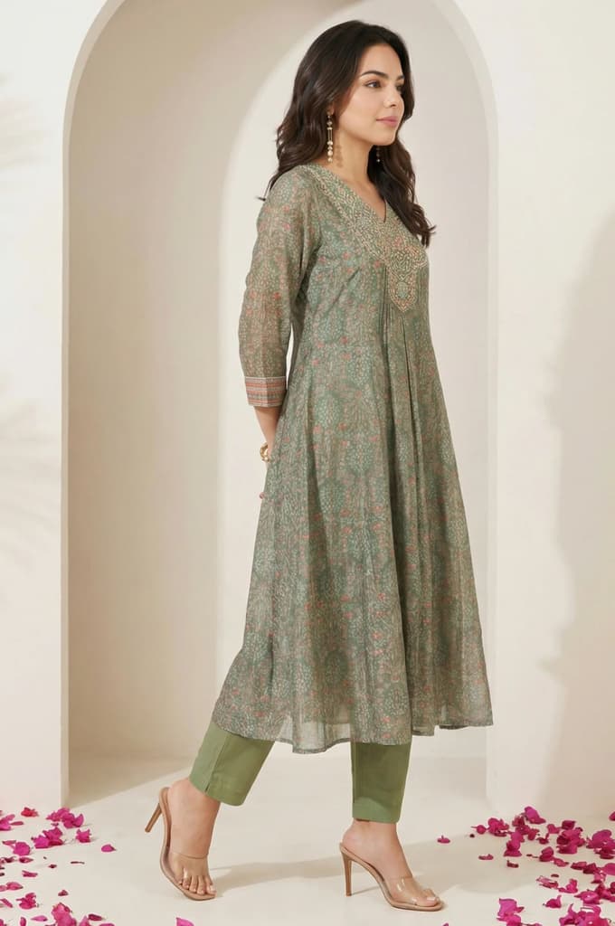 Olive Floral Printed Mirror Work Chanderi A-line Kurta with Straight Pants and Dupatta Set — photo 6