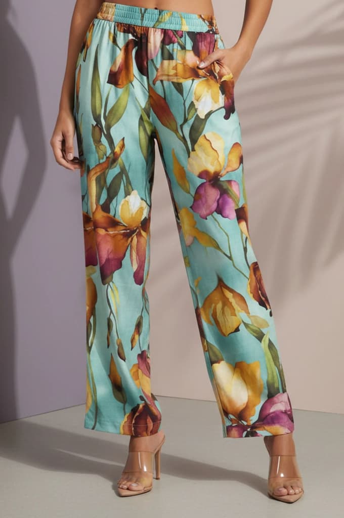 Turquoise Blue Floral Printed Straight Ankle Length Pants — photo 3