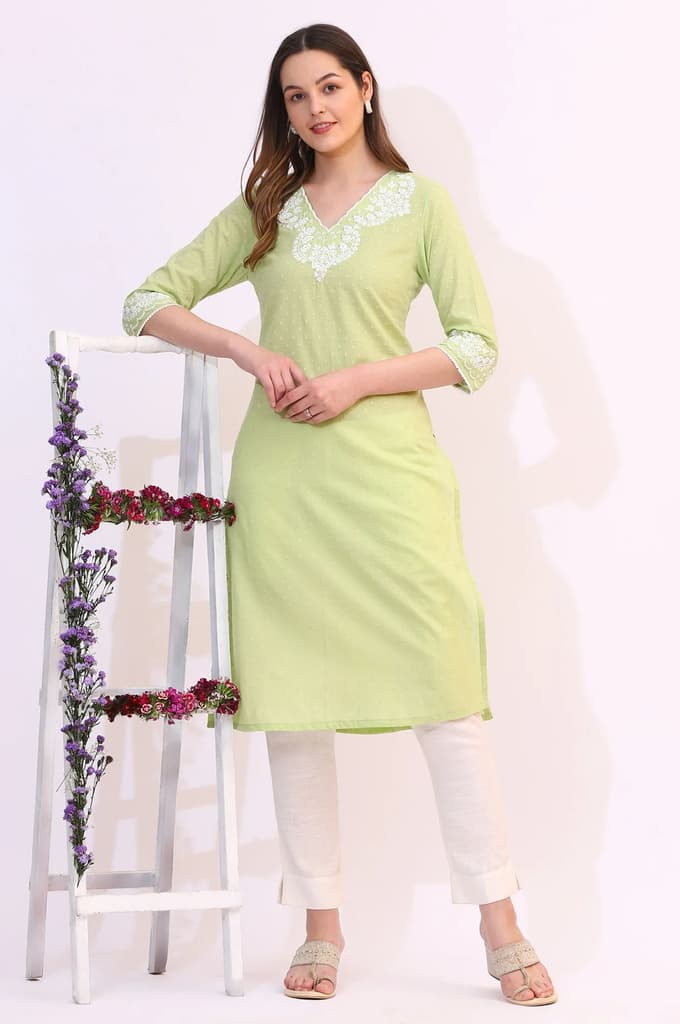 Pistachio Green Mirror Work Pure Cotton Straight Kurta — photo 2