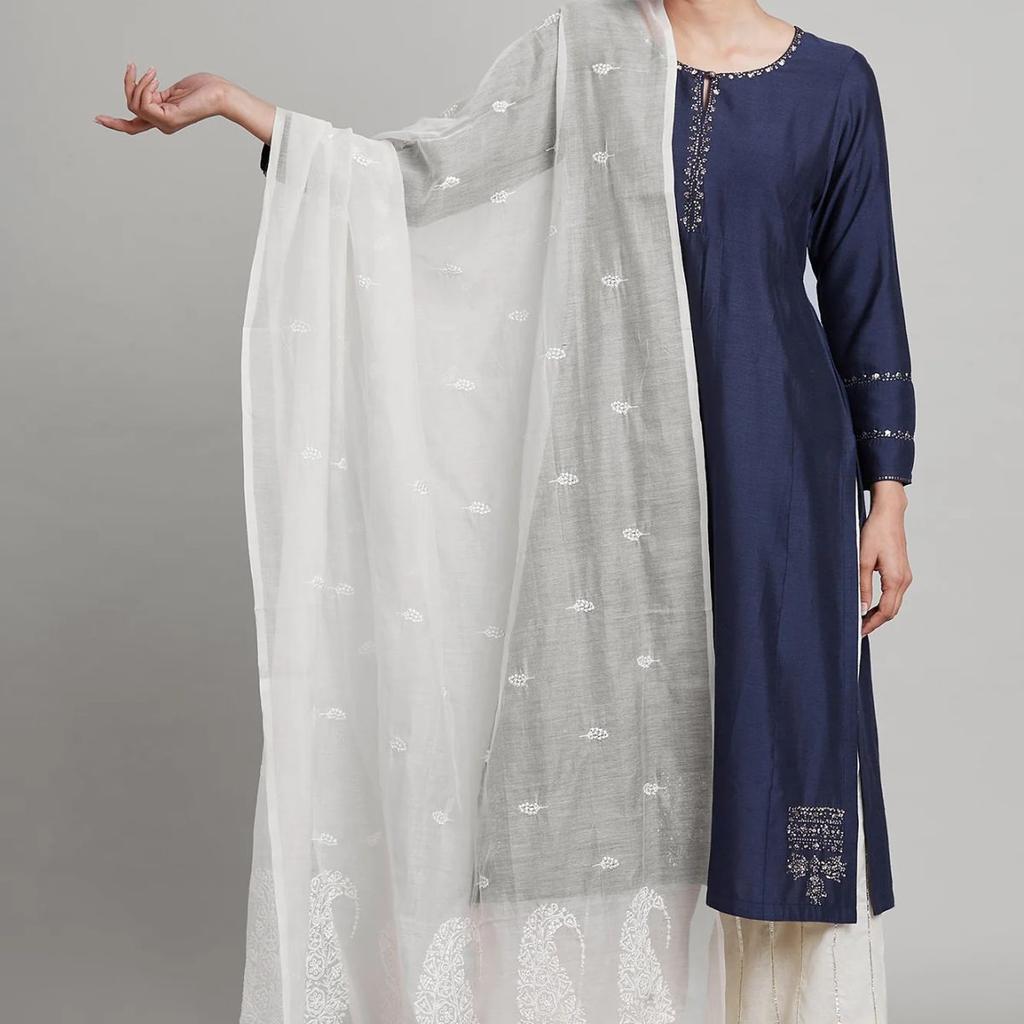 White Paisley Printed Thread Embroidered Pure Silk Dupatta
