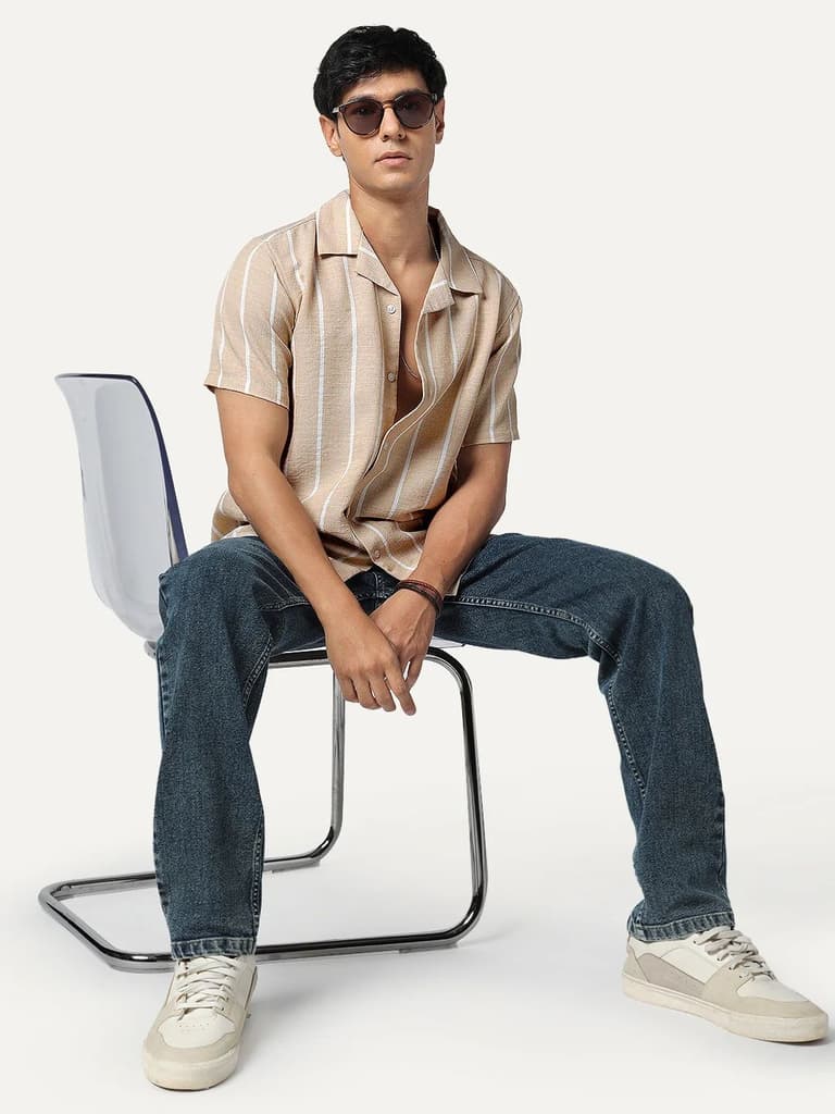 Men's Beige Cotton Half Sleeve Relaxed Fit Linen Striped Shirt with Cuban Collar — photo 5