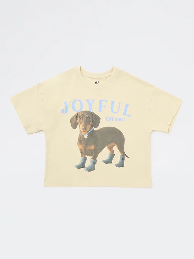 Y&F Kids Girls Yellow Printed Cotton T-Shirt — photo 4