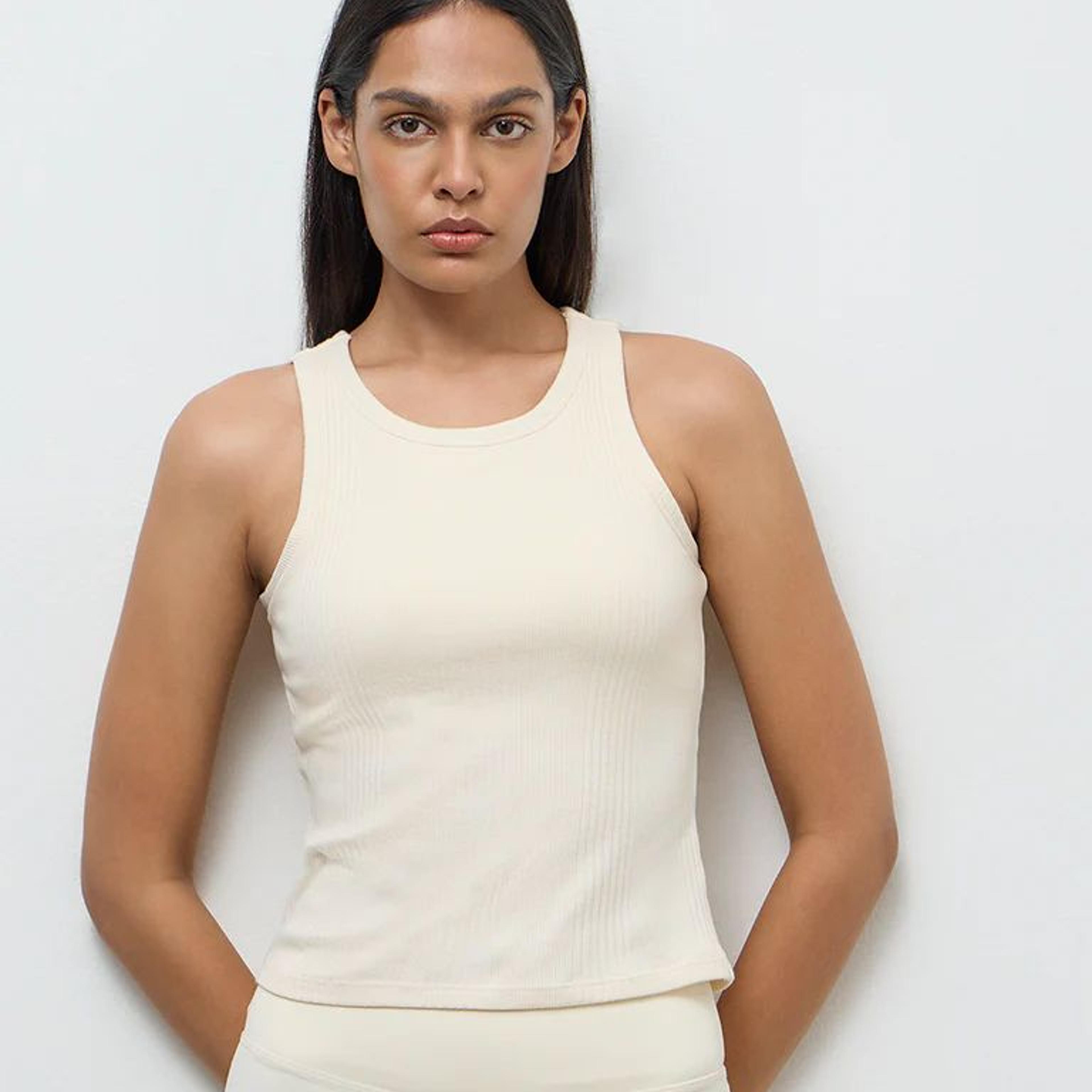 Nuoflexx Cream Ribbed Cotton-Blend Top