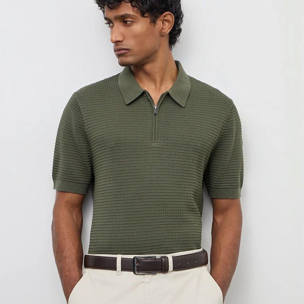 Ascot Olive Knit-Textured Relaxed-Fit Cotton T-Shirt