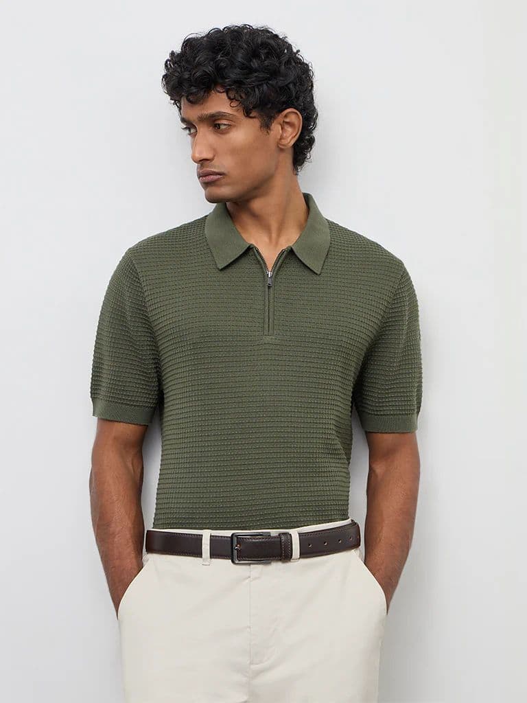 Ascot Olive Knit-Textured Relaxed-Fit Cotton T-Shirt