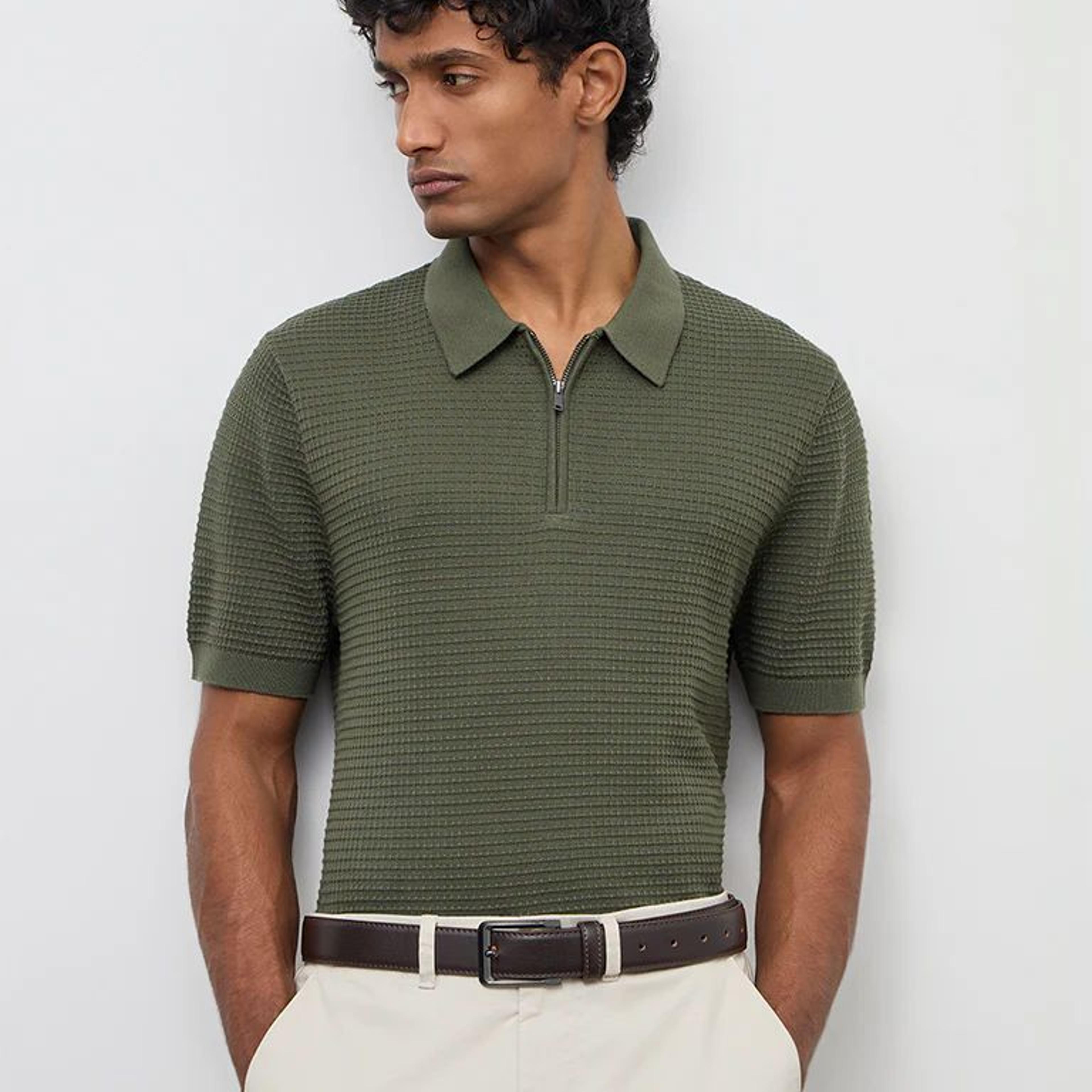 Ascot Olive Knit-Textured Relaxed-Fit Cotton T-Shirt