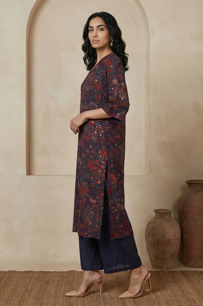Navy Blue Floral Printed Georgette Straight Kurta with Parallel Pant Set — photo 3