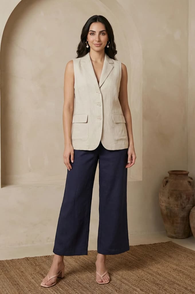 Navy Blue Solid Wide Leg Ankle Length Pants — photo 4