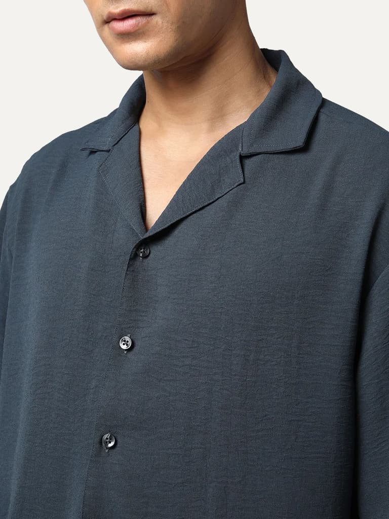 Men's Steel Cotton Half Sleeve Relaxed Fit Textured Shirt with Cuban Collar — photo 5