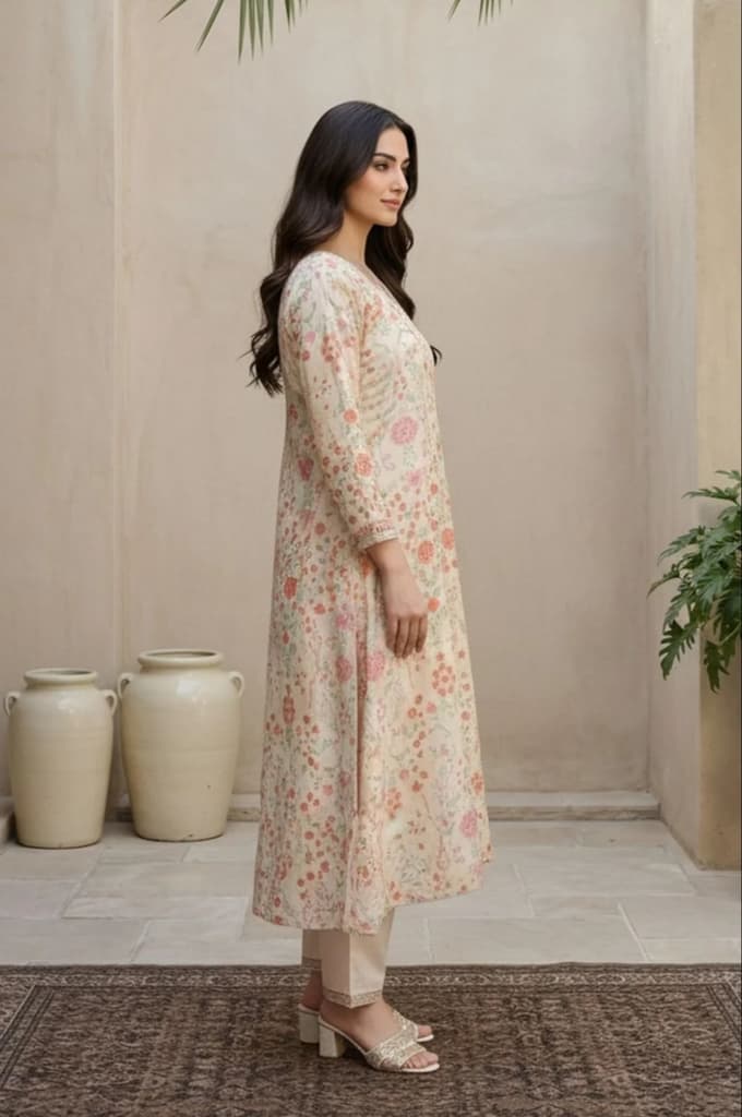Cream Floral Printed Tissue A-Line Kurta with Straight Pant and Dupatta Set — photo 5