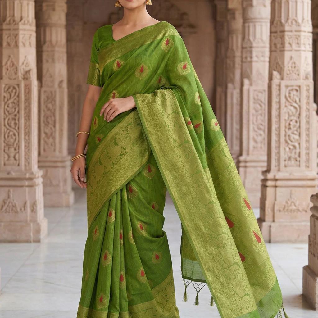 MIMOSA Women's Woven Design Banarasi Style dola silk Saree with Blouse Piece - Olive ( SA00003137OLFREE )