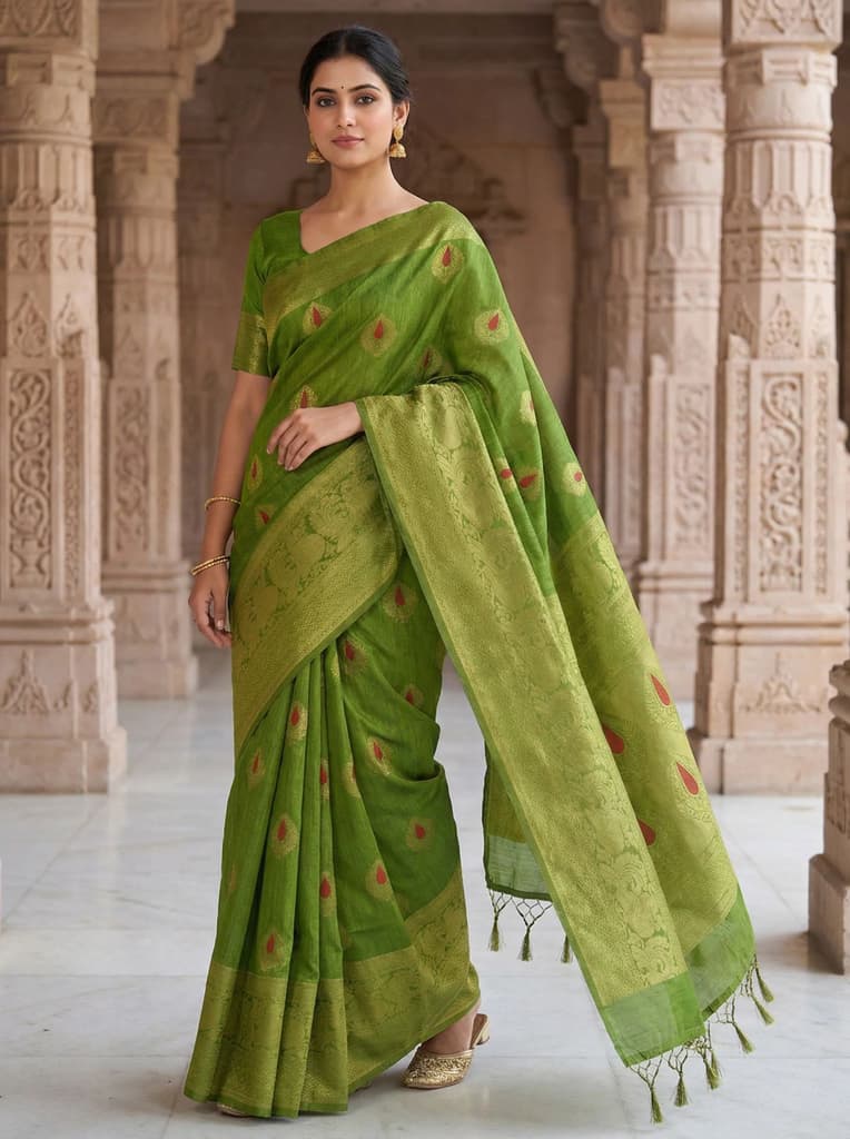 MIMOSA Women's Woven Design Banarasi Style dola silk Saree with Blouse Piece - Olive ( SA00003137OLFREE ) — Default Title