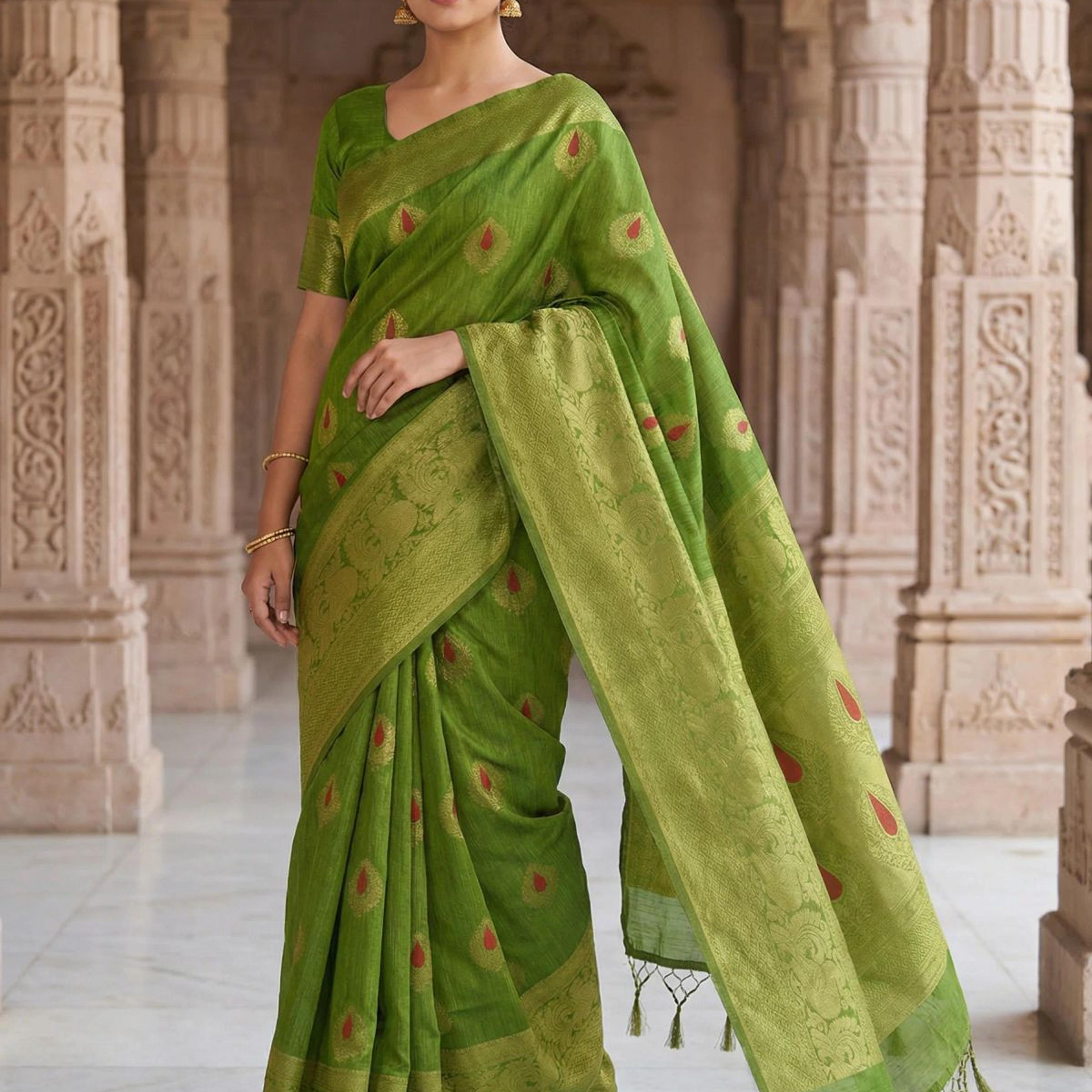 MIMOSA Women's Woven Design Banarasi Style dola silk Saree with Blouse Piece - Olive ( SA00003137OLFREE )