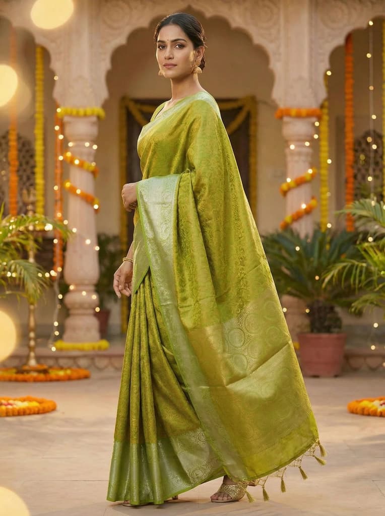 MIMOSA Women's Woven Design Banarasi Style Art Silk Saree with Blouse Piece - Olive ( SA00003133OLFREE ) — photo 3