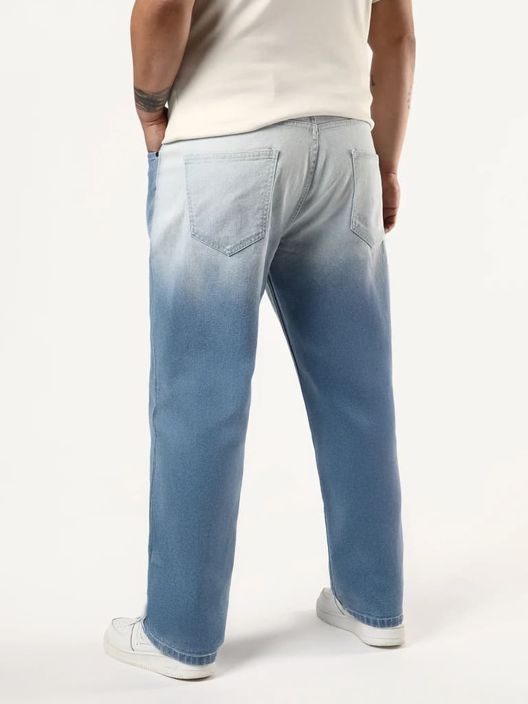Plus Men's Ice Blue Straight Fit Heavy Washed Faded Denim Jeans Stretchable — photo 3