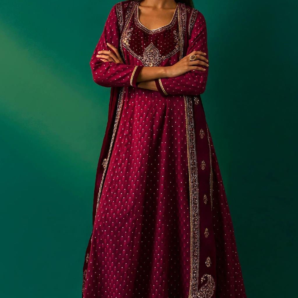 Maroon Embroidered Anarkali Georgette Gilet with Dress and Churidar Set