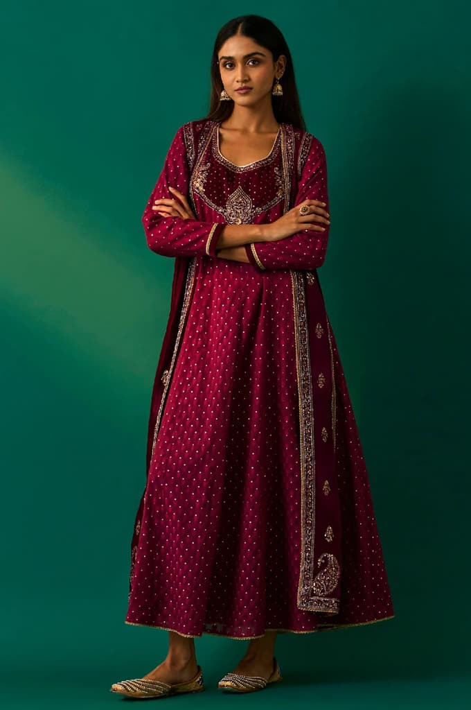 Maroon Embroidered Anarkali Georgette Gilet with Dress and Churidar Set — XS