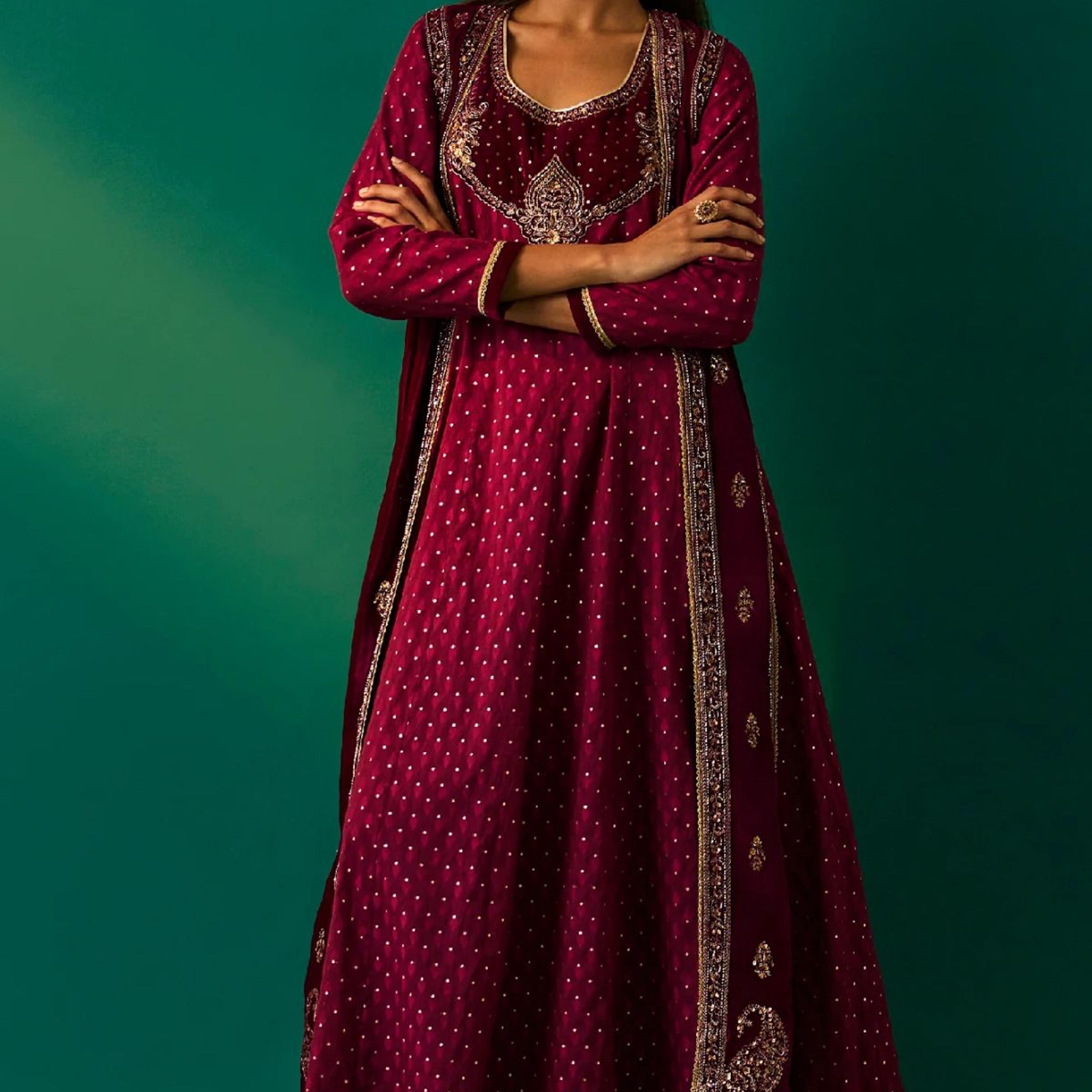 Maroon Embroidered Anarkali Georgette Gilet with Dress and Churidar Set