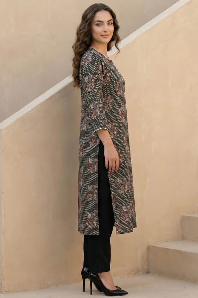 Black Floral Printed Rayon Straight Kurta — photo 3
