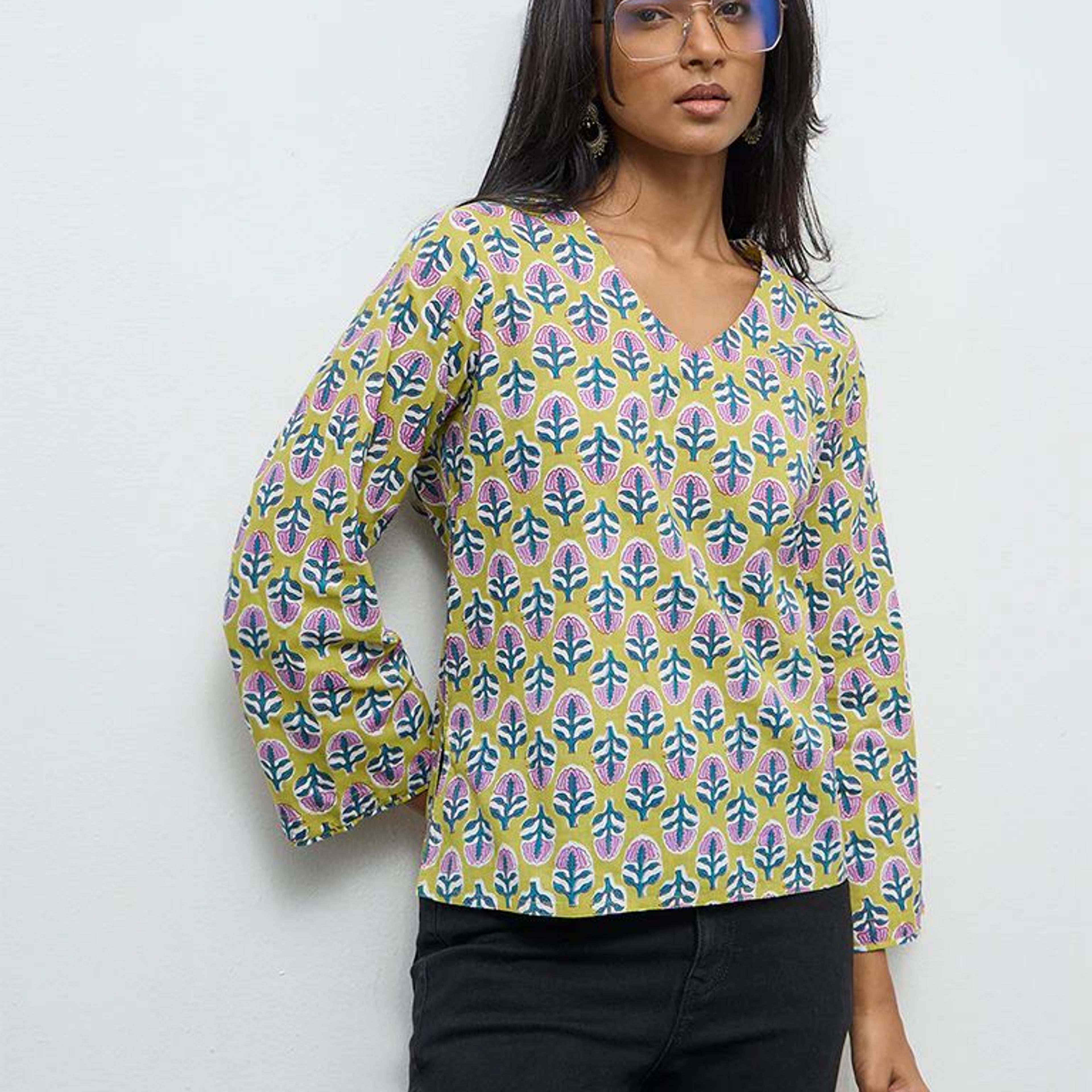 Utsa Lime Floral Printed Cotton Tunic