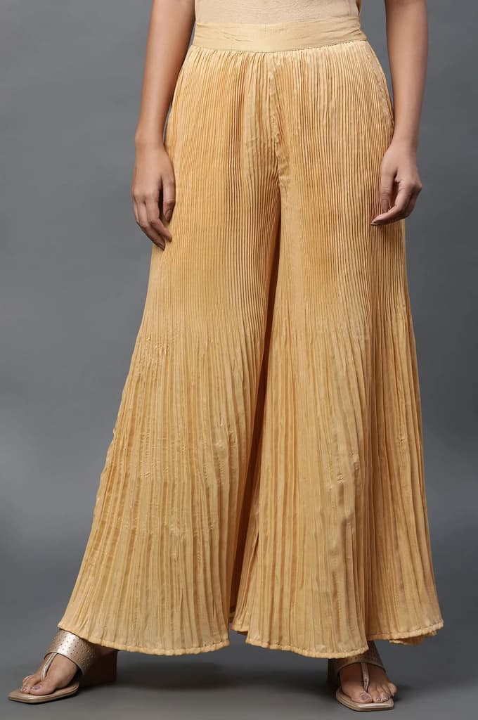 Gold Solid Flared Silk Palazzo With Pleats