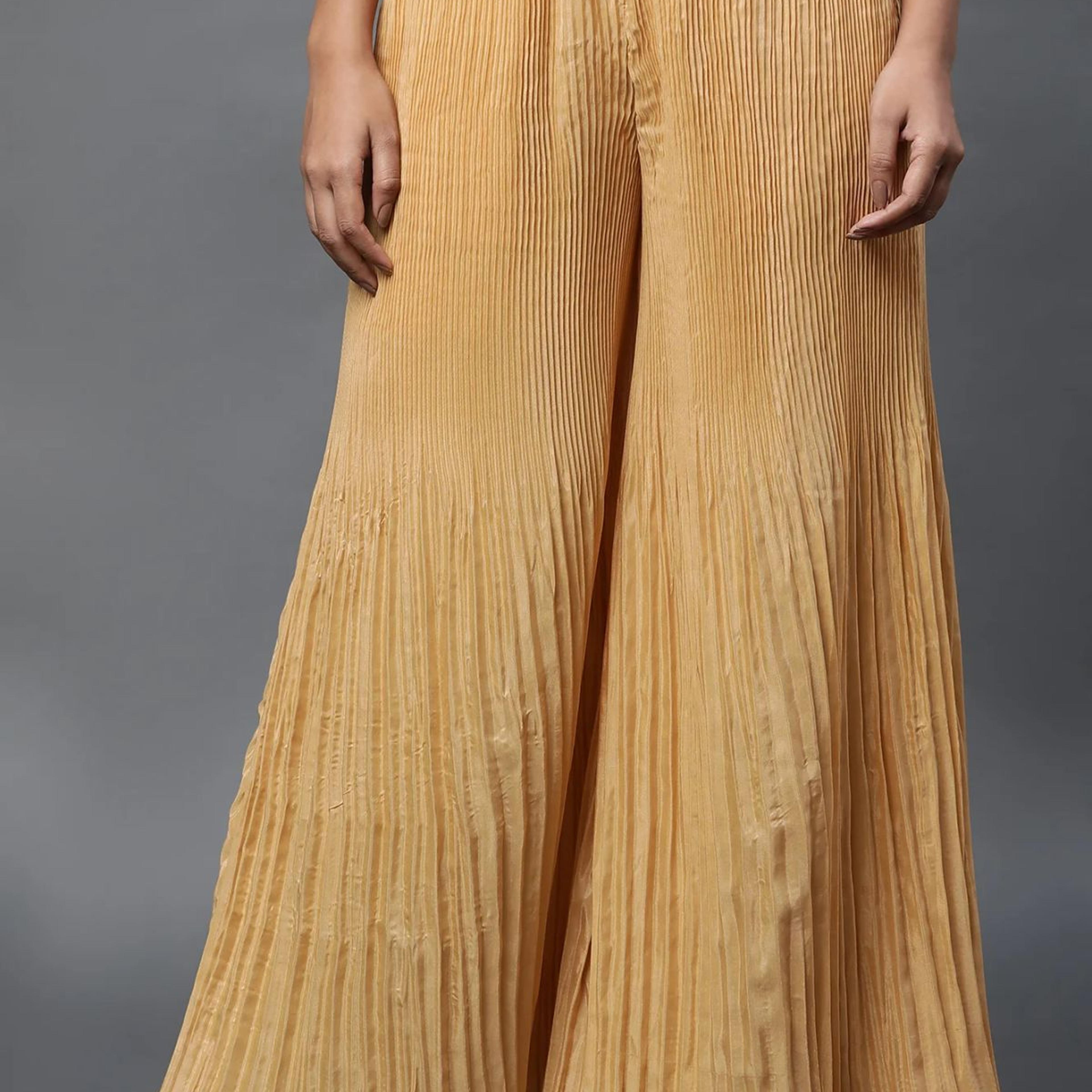 Gold Solid Flared Silk Palazzo With Pleats