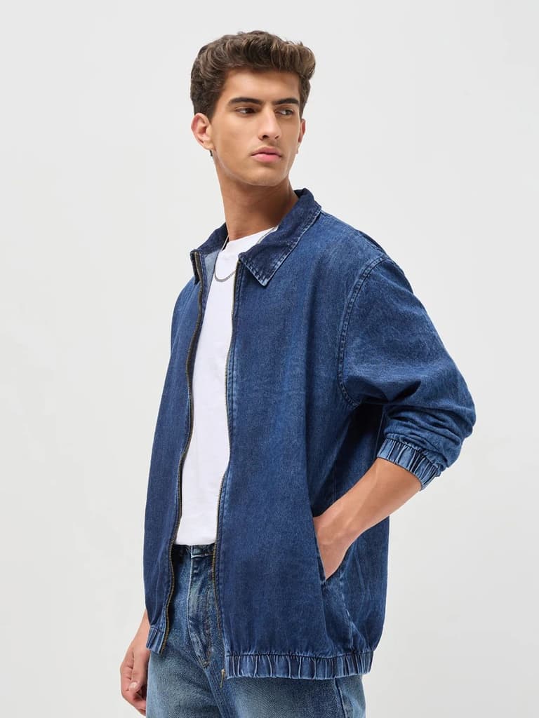 Men's Blue Relaxed Fit Full Sleeve Harrington Denim Jacket — photo 3
