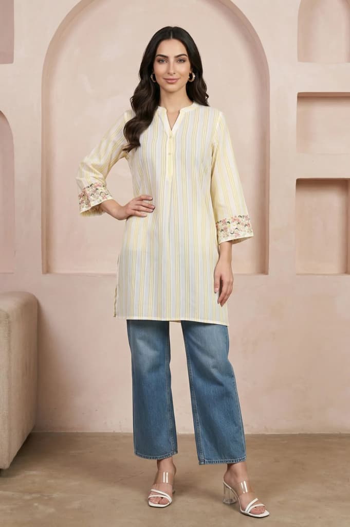 Off White and Yellow Striped Pure Cotton Straight Tunic — photo 3