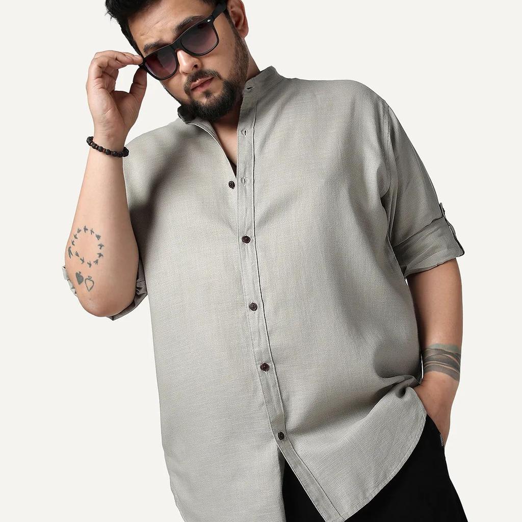 Plus Men's Grey Linen Blend Full Sleeve Relaxed Fit Mandarin Collar Casual Solid Shirt