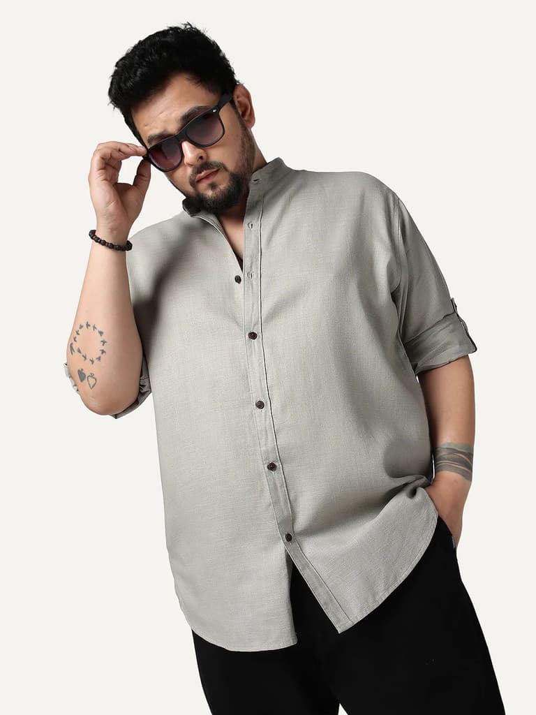 Plus Men's Grey Linen Blend Full Sleeve Relaxed Fit Mandarin Collar Casual Solid Shirt — 2XL / Grey