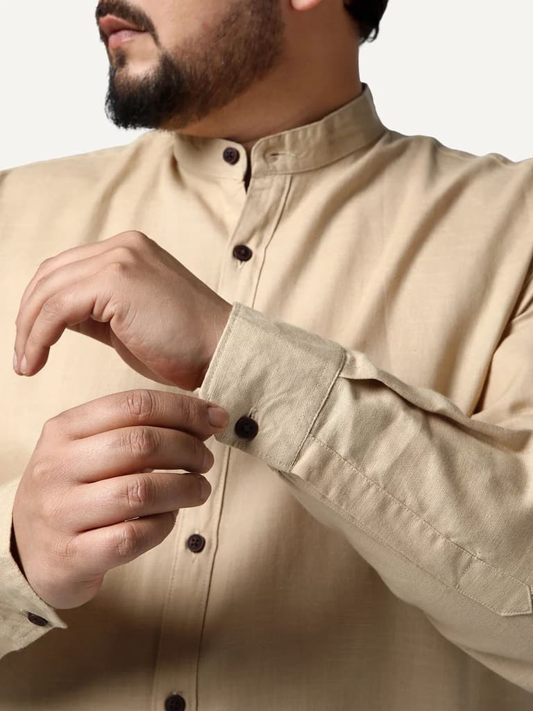 Plus Men's Beige Linen Blend Full Sleeve Relaxed Fit Mandarin Collar Casual Solid Shirt — photo 6