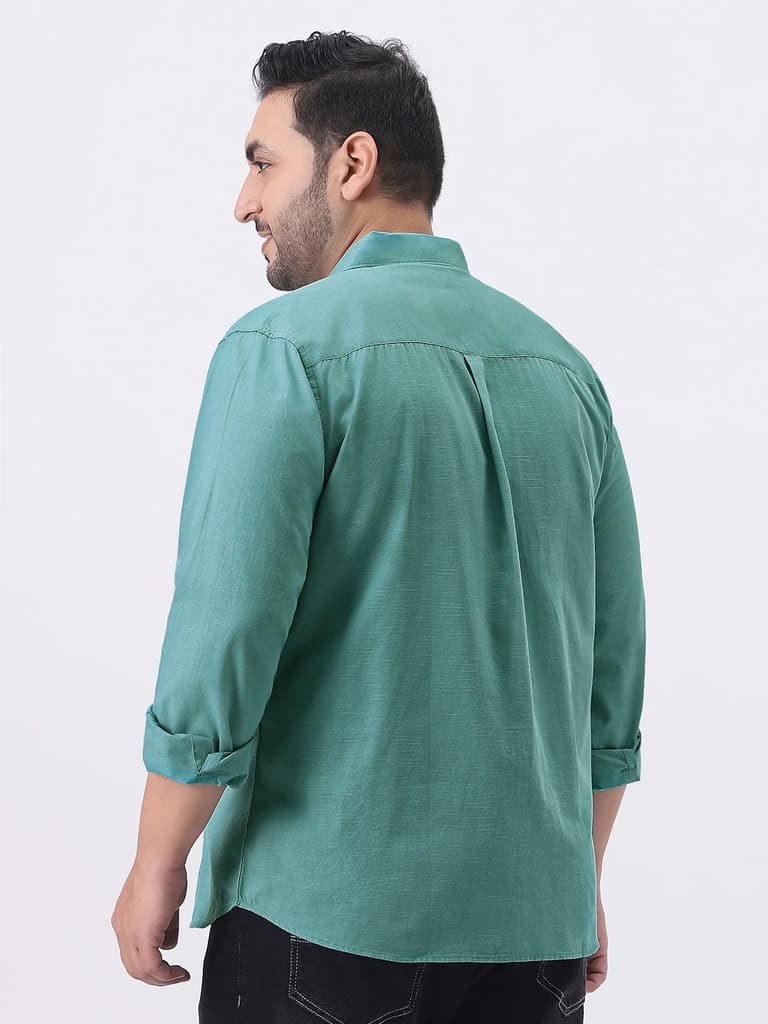 Plus Men's Light Teal Cotton Full Sleeve Regular Fit Casual Solid Slub Shirt with Spread Collar — photo 3