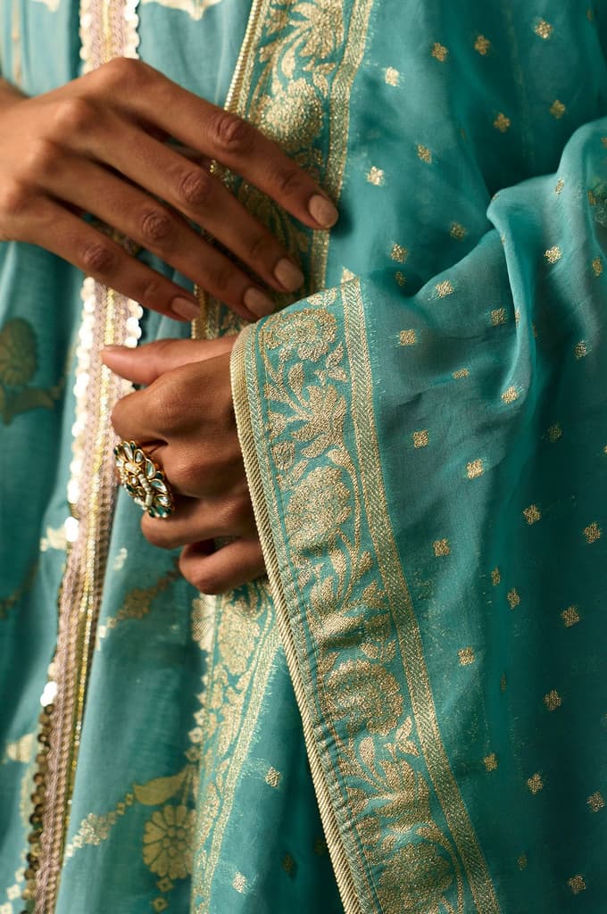 Aqua Green Zari Embroidered Jacquard Anarkali and Dupatta Set — photo 6
