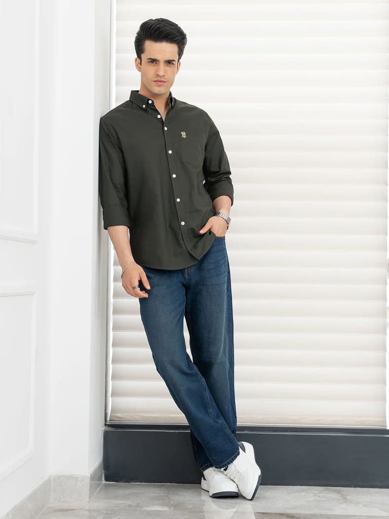 Shirts for Men in Dark Olive | Cotton Oxford Full Sleeve Shirt — photo 4