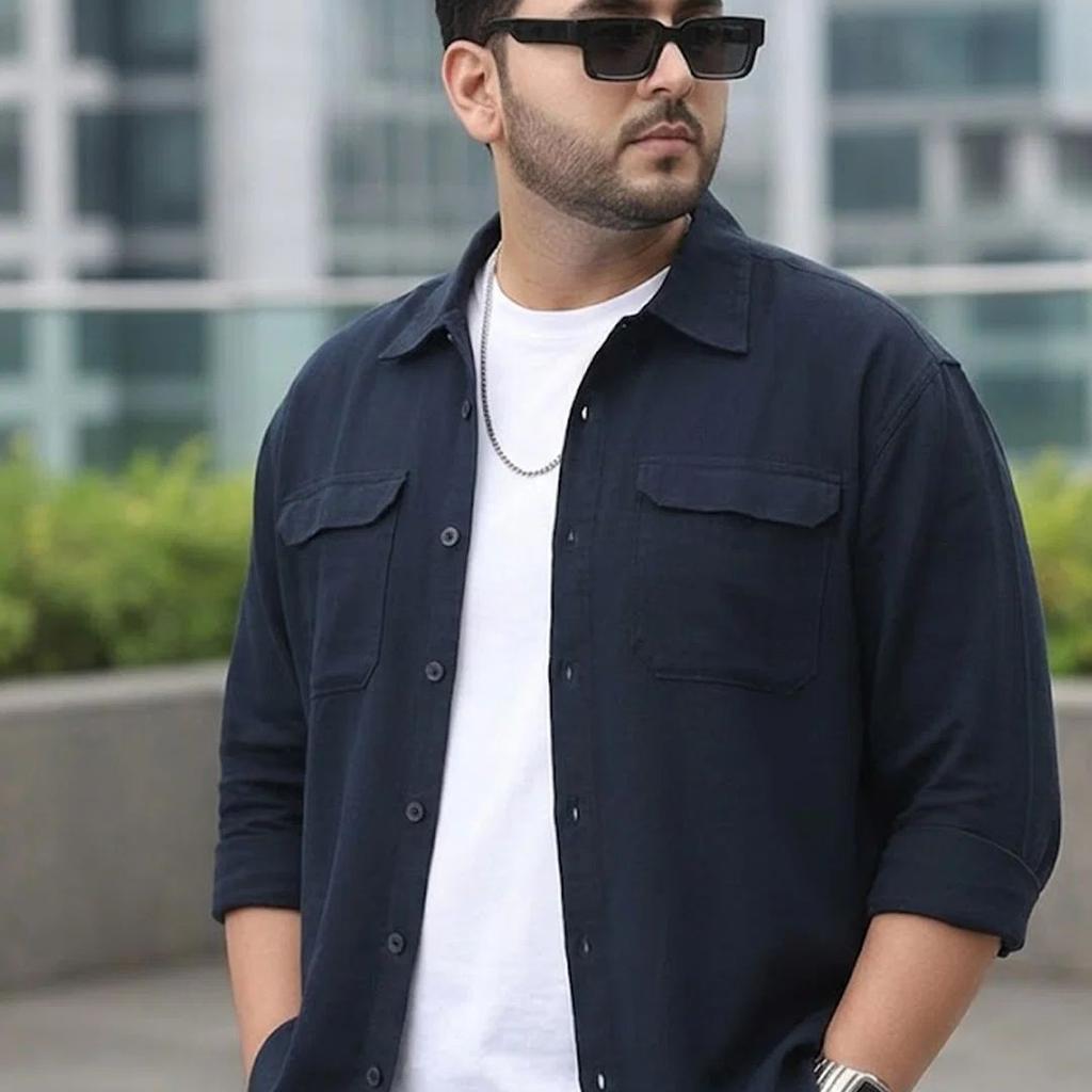 Plus Men's Navy Cotton Full Sleeve Relaxed Fit Shacket with Utility Pockets