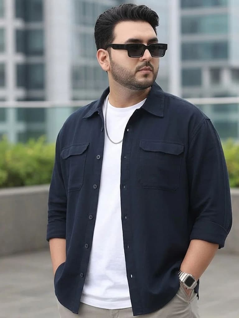 Plus Men's Navy Cotton Full Sleeve Relaxed Fit Shacket with Utility Pockets — XXL / Navy
