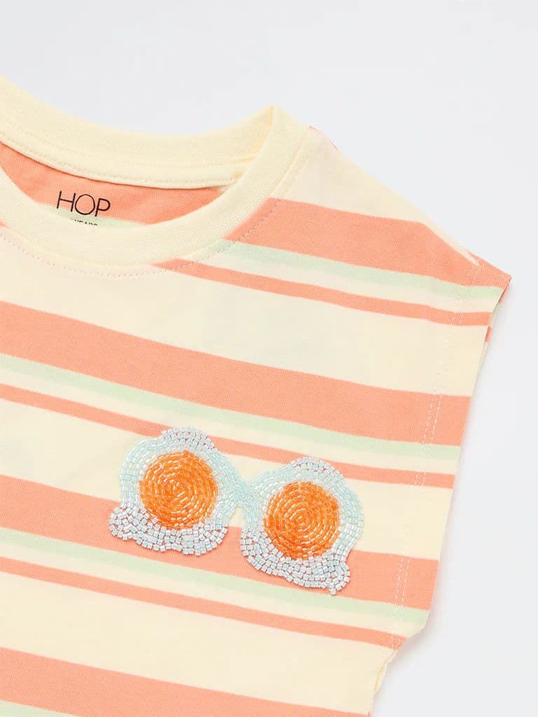 HOP Kids Girls Peach Striped Cotton T-Shirt — photo 4