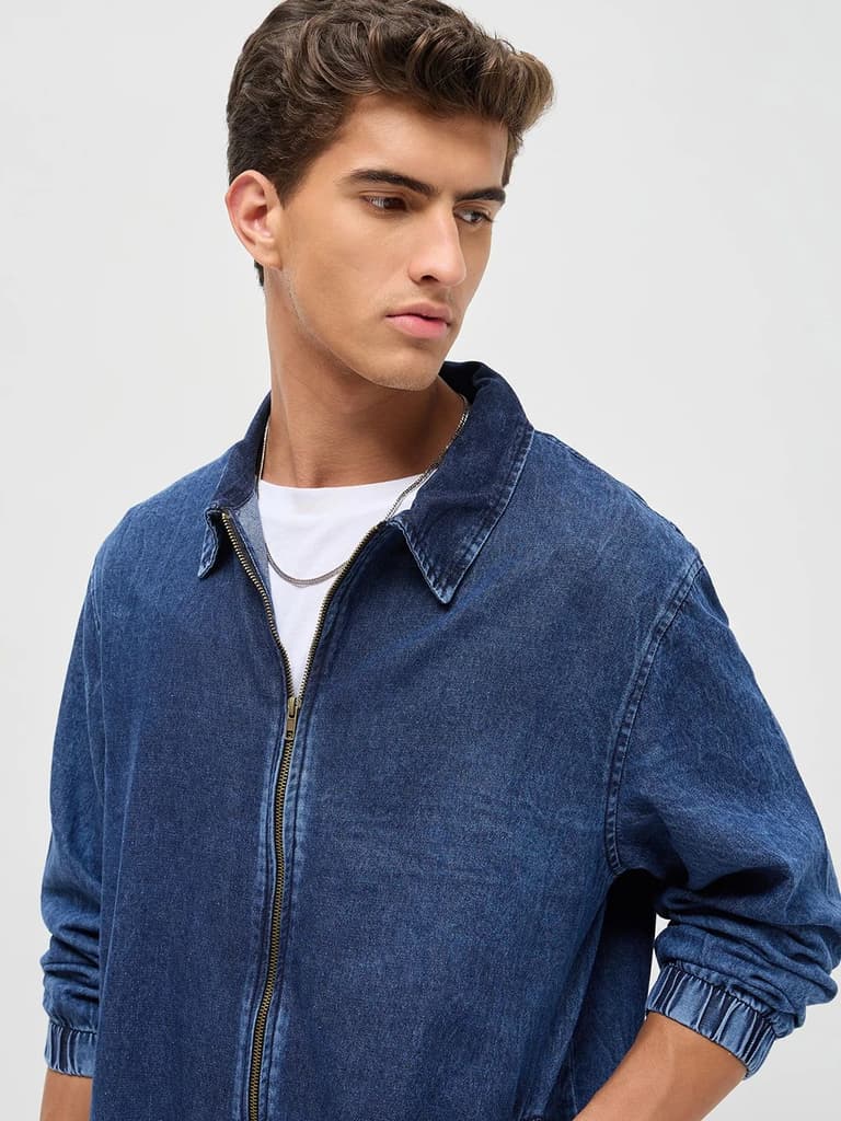 Men's Blue Relaxed Fit Full Sleeve Harrington Denim Jacket — photo 6