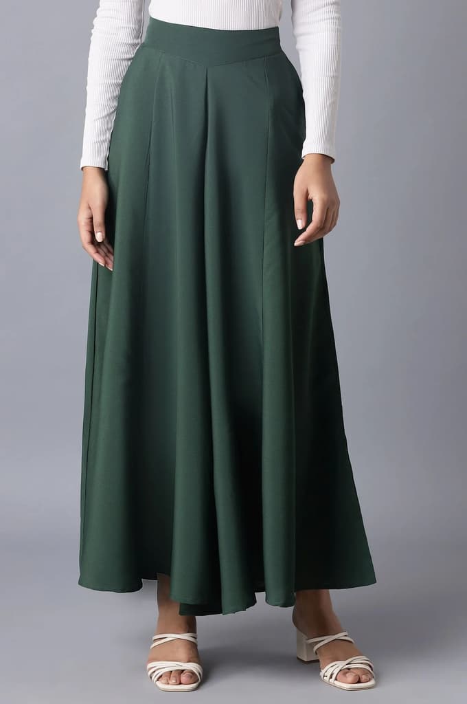 Muted Sage Green Solid Flared Woven Palazzo With Elasticated Waistband